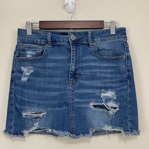 American Eagle Hi Rise Mini Skirt 10 Distressed Raw Hem Blue Denim Super Stretch